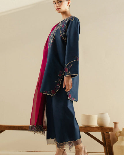 Zara ShahJahan | Navy Cambric Floral Embroidered Suit