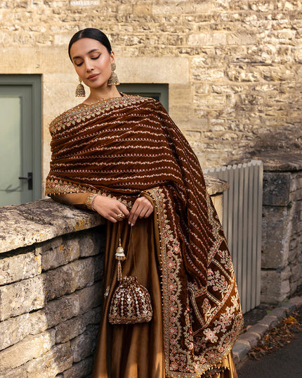 Faiza Saqlain | Copper Brown Silk Embroidered Pishwas