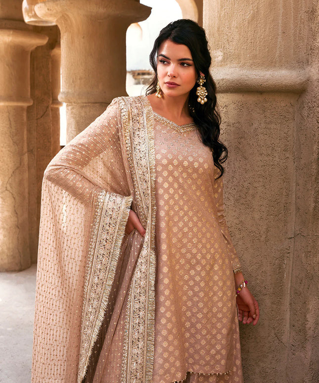 Faiza Saqlain | Rose Gold Embroidered Karandi Sharara