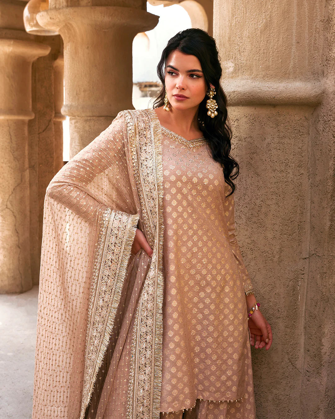 Faiza Saqlain | Rose Gold Embroidered Karandi Sharara