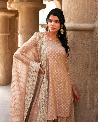 Faiza Saqlain | Rose Gold Embroidered Karandi Sharara