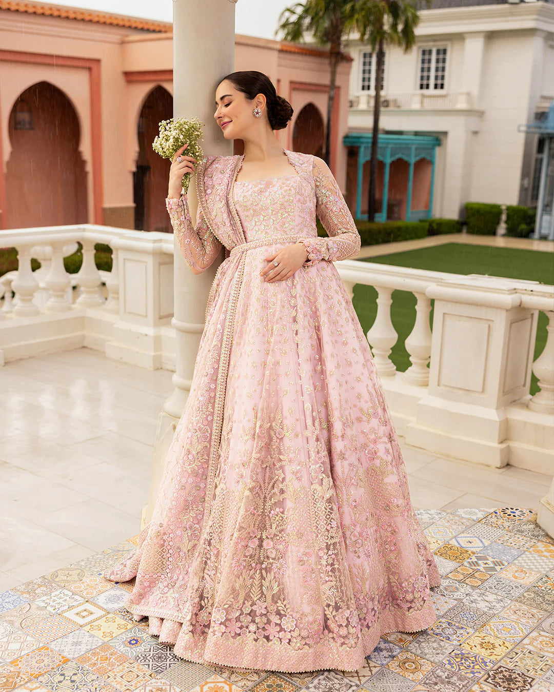 Faiza Saqlain | Powder Pink Net Embroidered Maxi Dress