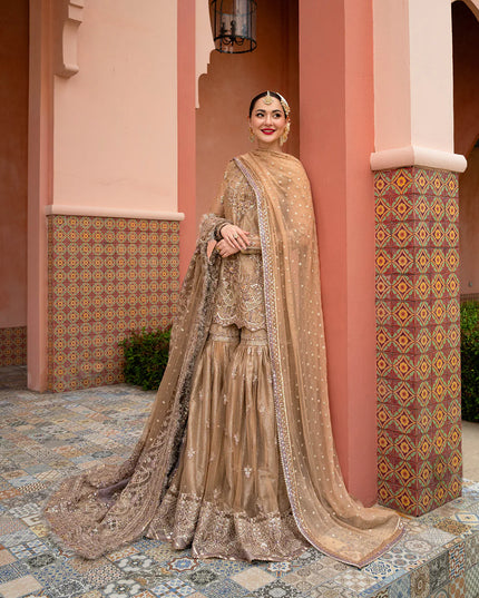 Faiza Saqlain | Golden Brown Embroidered Embellished Gharara