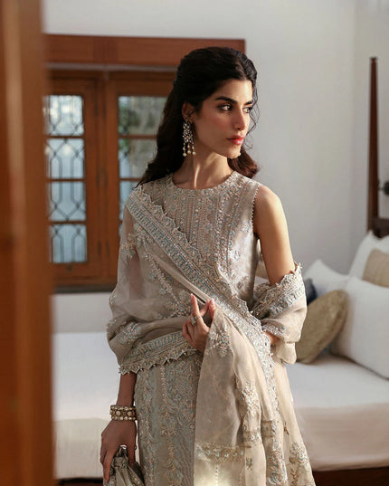 Faiza Saqlain | Light Stone Gray Embroidered Tissue Suit