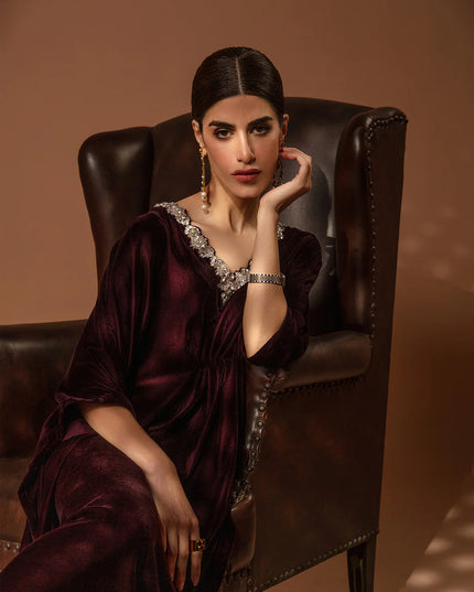 Faiza Saqlain | Plum Embellished Velvet Kaftan