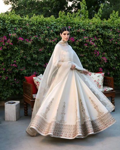 Faiza Saqlain | Off White Embroidered Korean Raw Silk Pishwas