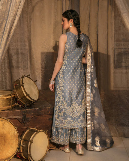 Faiza Saqlain | Pale Blue Embroidered Korean Raw Silk Suit