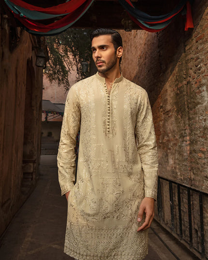 Faiza Saqlain Pastel Yellow Embroidered Karandi Kurta