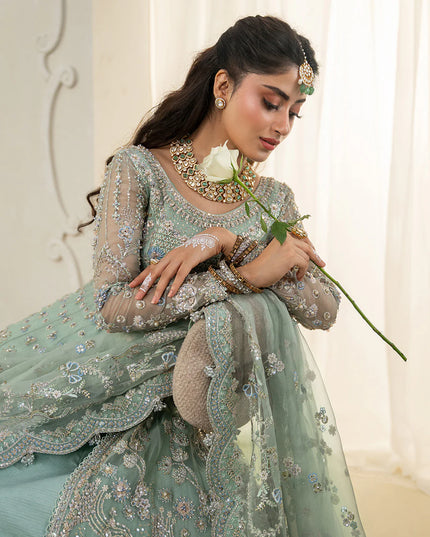 Faiza Saqlain | Mint Green Organza Embroidered Embellished Maxi Gown