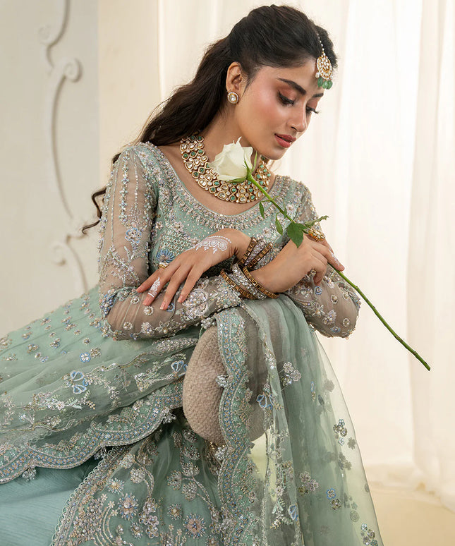 Faiza Saqlain | Mint Green Organza Embroidered Embellished Maxi Gown