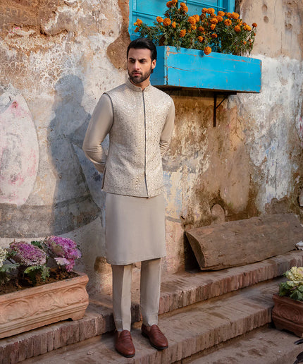 Faiza Saqlain Sand Grey Embroidered Korean Raw Silk Set