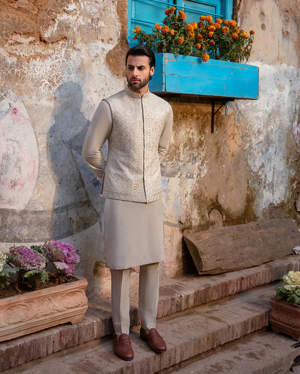 Faiza Saqlain Sand Grey Embroidered Korean Raw Silk Set