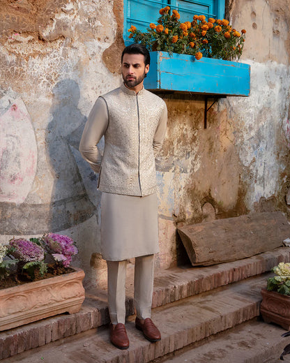 Faiza Saqlain Sand Grey Embroidered Korean Raw Silk Set
