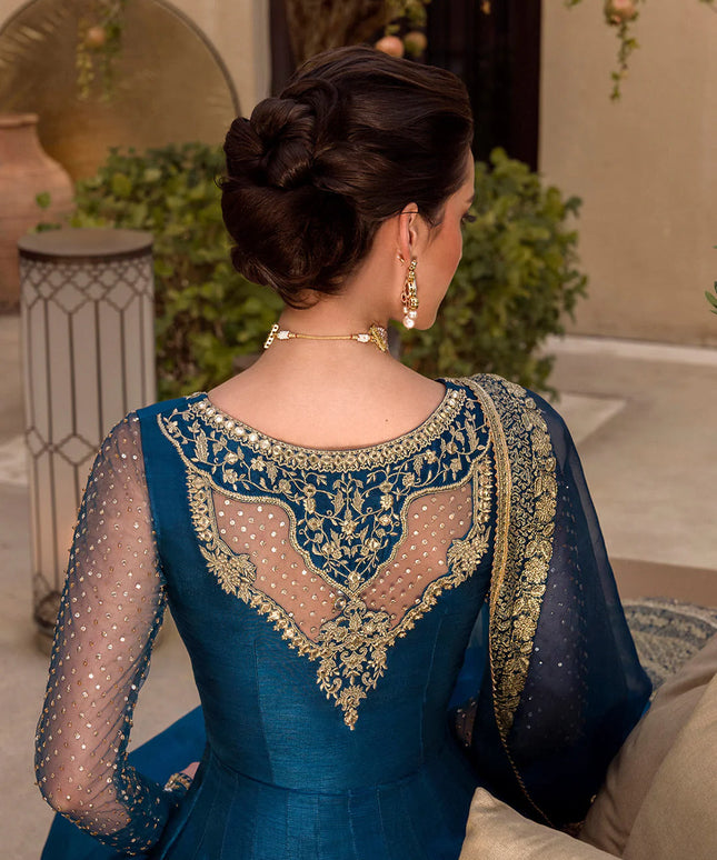 Faiza Saqlain | Blue Embroidered Korean Raw Silk Pishwas