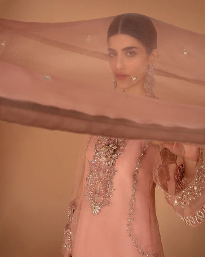 Faiza Saqlain | Peach Embellished Organza Suit
