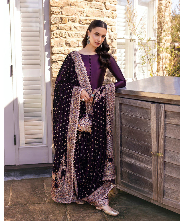 Faiza Saqlain | Dark Plum Silk Embroidered Suit