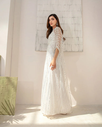 Faiza Saqlain | White Net Embellished Kaftan