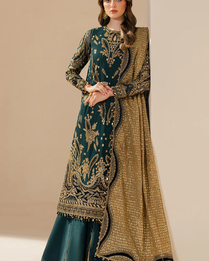 Kaya | Teal Green Embroidered Chiffon Velvet Appliqued Lehenga