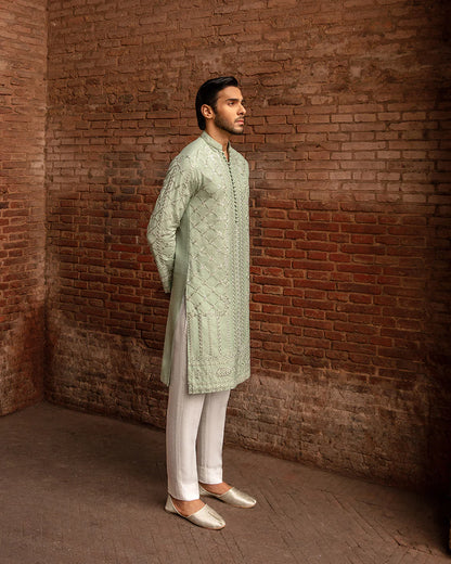 Faiza Saqlain Sage Green Embroidered Karandi Kurta Set
