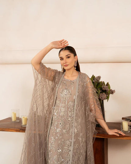 Malhaar | Beige Hand Embroidered Net Kaftan