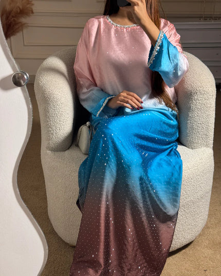 Blush | Ombre Shimmer Pink & Turquoise Blue Embellished Kaftan