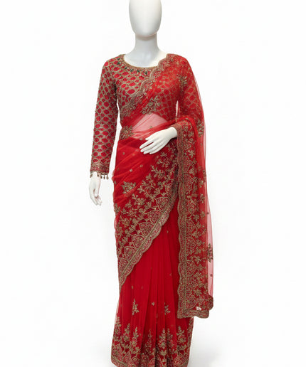 Luxury Crimson Bridal Saree Gown – Hand Embellished Wedding Formal