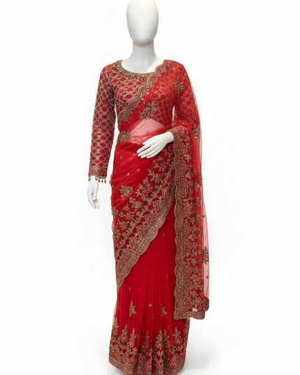 Luxury Crimson Bridal Saree Gown – Hand Embellished Wedding Formal