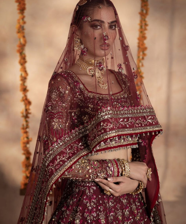 Uroosa | Maroon Net Hand Embellished Lehenga Choli