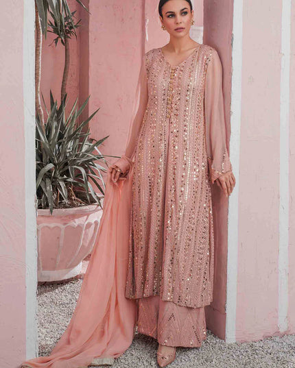 Ufaq | Peach Chikenkari Embellished Gown