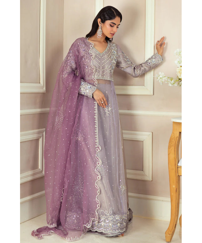 French-Lilac | Lilac Shimmer Tissue Silk Organza Peshwas Lehenga