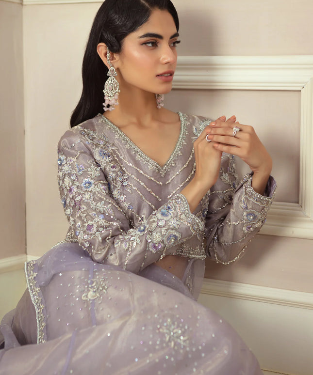 French-Lilac | Lilac Shimmer Tissue Silk Organza Peshwas Lehenga