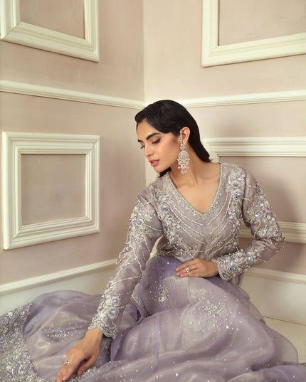 French-Lilac | Lilac Shimmer Tissue Silk Organza Peshwas Lehenga