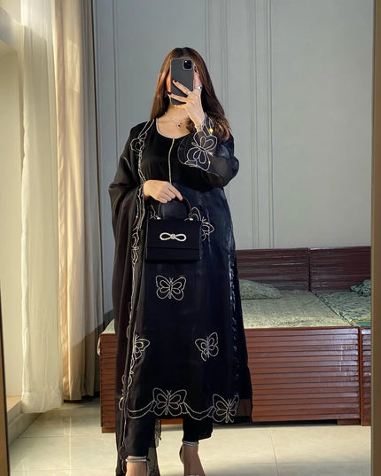 Parwaaz | Black Silk Embellished with Hand Embroidered Suit