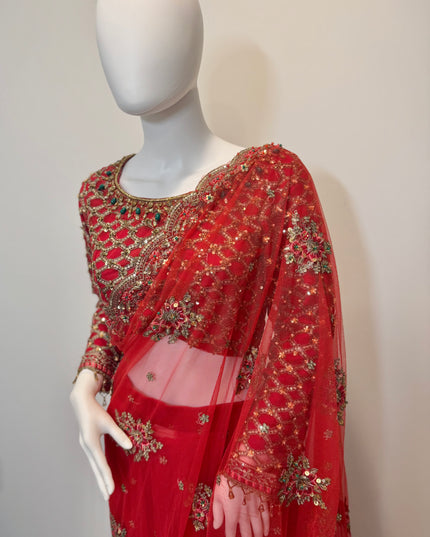Luxury Crimson Bridal Saree Gown – Hand Embellished Wedding Formal