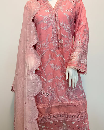 Pink embroidered traditional outfit with a dupatta on a mannequin against a white background