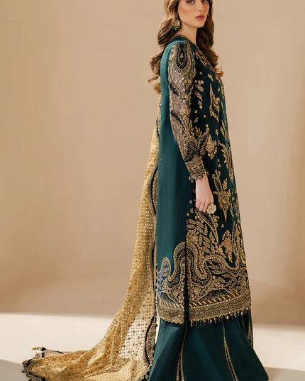 Kaya | Teal Green Embroidered Chiffon Velvet Appliqued Lehenga