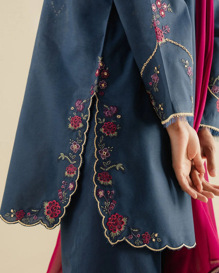 Zara ShahJahan | Navy Cambric Floral Embroidered Suit
