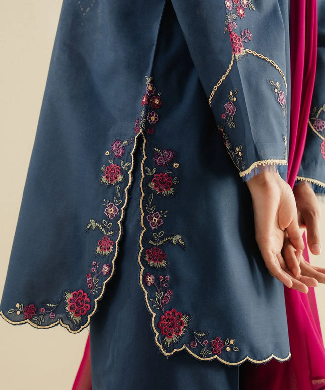 Zara ShahJahan | Navy Cambric Floral Embroidered Suit