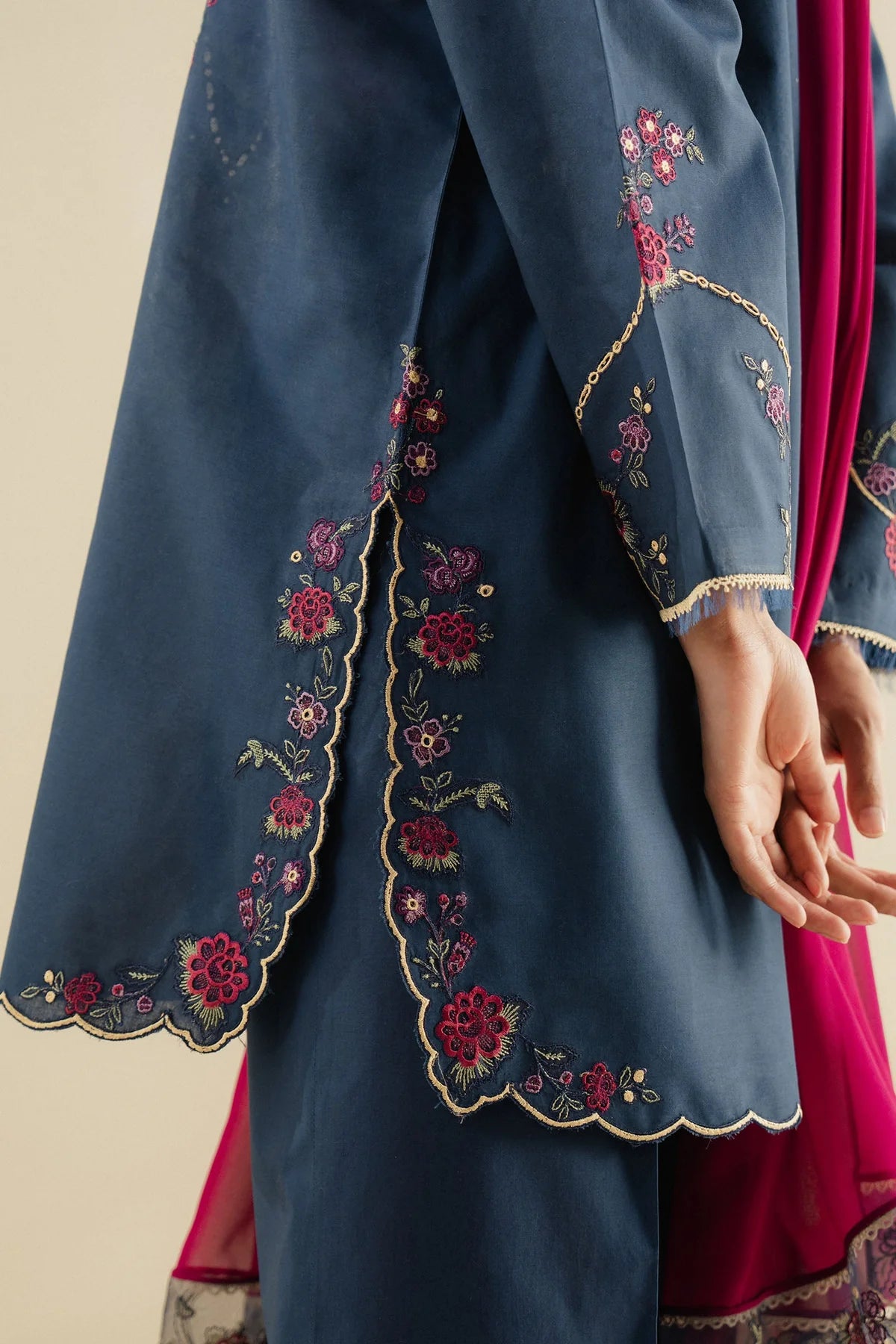 Zara ShahJahan | Navy Cambric Floral Embroidered Suit