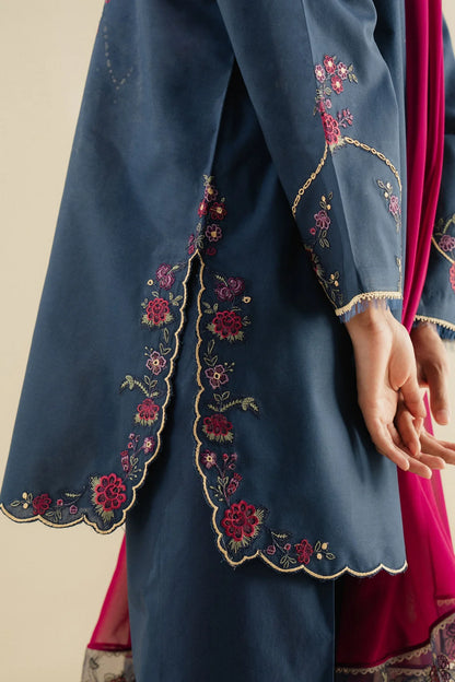 Zara ShahJahan | Navy Cambric Floral Embroidered Suit