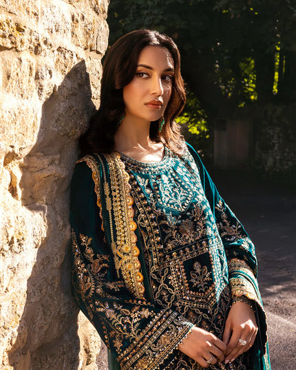 Faiza Saqlain | Teal Embroidered Velvet Suit