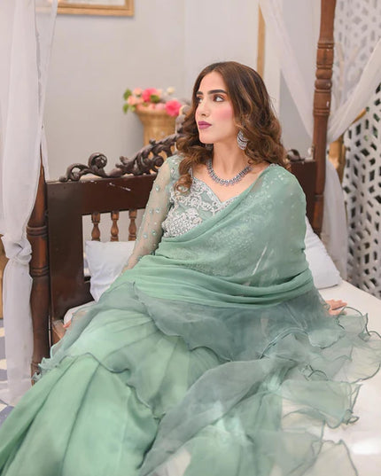 Fern | Mint Green Ruffled Chiffon Saree