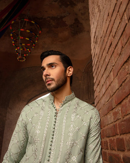 Faiza Saqlain Sage Green Embroidered Karandi Kurta Set