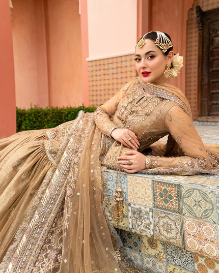 Faiza Saqlain | Golden Brown Embroidered Embellished Gharara