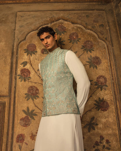 Faiza Saqlain Ice Blue Embroidered Korean Raw Silk Set