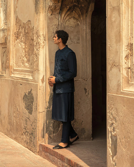 Faiza Saqlain Navy Embroidered Korean Raw Silk Set