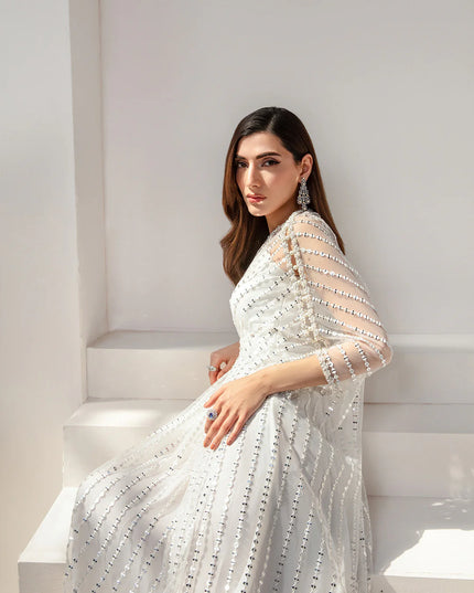 Faiza Saqlain | White Net Embellished Kaftan