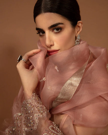 Faiza Saqlain | Peach Embellished Organza Suit