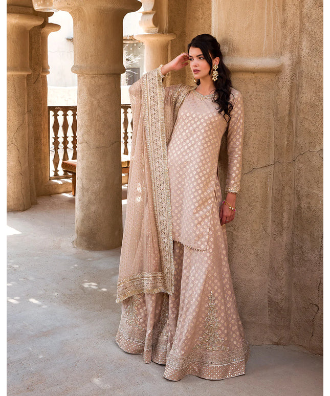 Faiza Saqlain | Rose Gold Embroidered Karandi Sharara