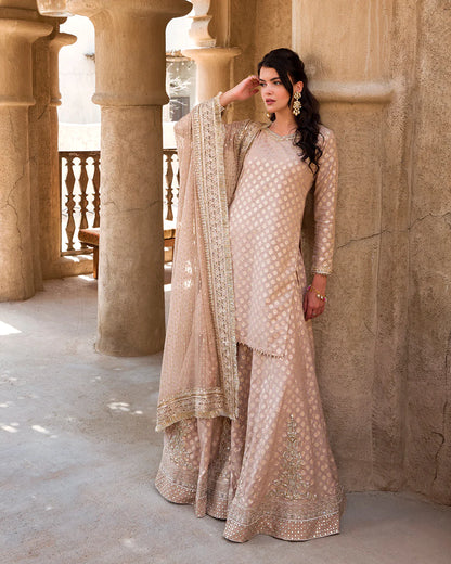 Faiza Saqlain | Rose Gold Embroidered Karandi Sharara